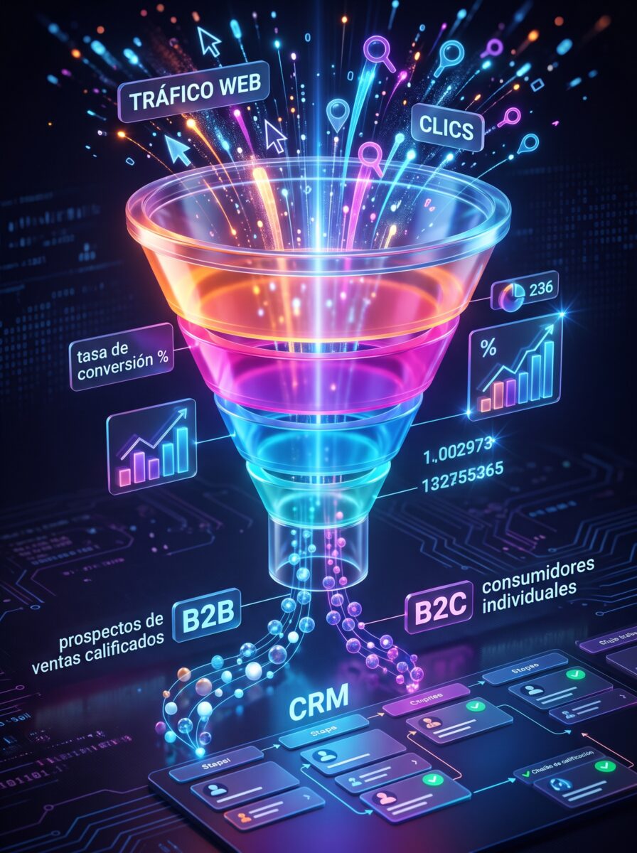 Embudo comercial de estrategias de marketing digital que convierte tráfico y clics en prospectos calificados y clientes.